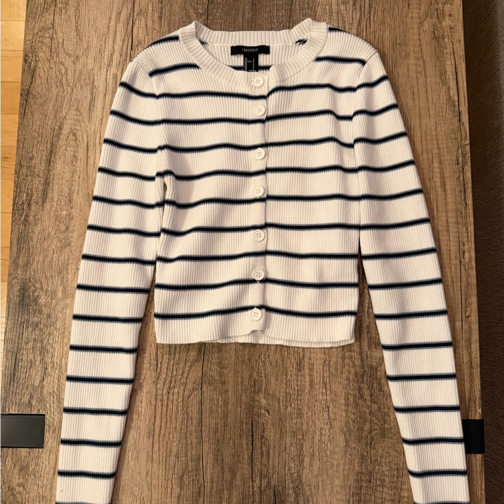 Forever 21 White and Navy Striped Cardigan